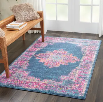 4' X 6' Blue And Pink Medallion Distressed Area Rug