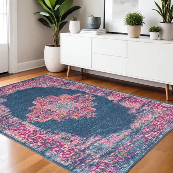 4' X 6' Blue And Pink Medallion Distressed Area Rug