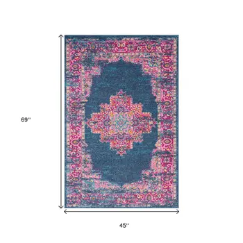 4' X 6' Blue And Pink Medallion Distressed Area Rug