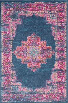 4' X 6' Blue And Pink Medallion Distressed Area Rug