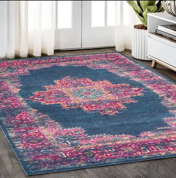 5' X 7' Blue And Pink Medallion Distressed Area Rug