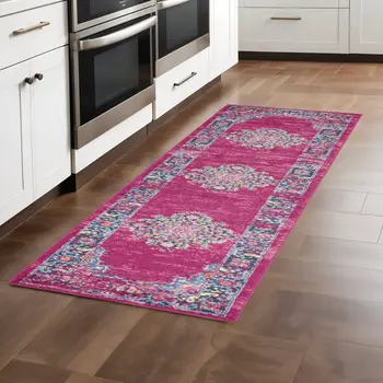 8' Fuchsia And Blue Oriental Distressed Runner Rug