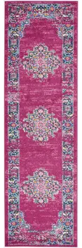 8' Fuchsia And Blue Oriental Distressed Runner Rug