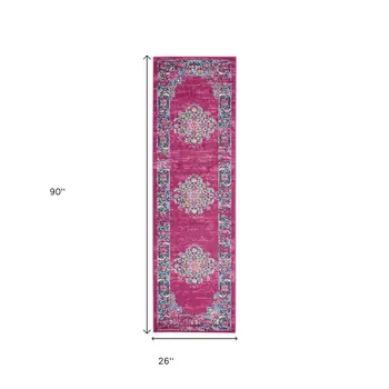8' Fuchsia And Blue Oriental Distressed Runner Rug