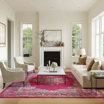 8' X 10' Fuchsia And Blue Oriental Distressed Area Rug