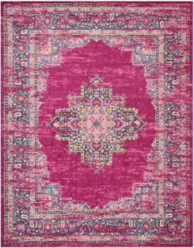 8' X 10' Fuchsia And Blue Oriental Distressed Area Rug