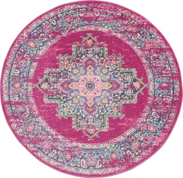 8' Fuchsia And Blue Oriental Distressed Round Rug