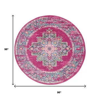 8' Fuchsia And Blue Oriental Distressed Round Rug
