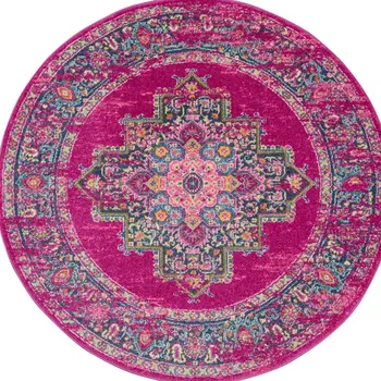 8' Fuchsia And Blue Oriental Distressed Round Rug
