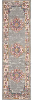 8' Gray And Gold Medallion Distressed Runner Rug