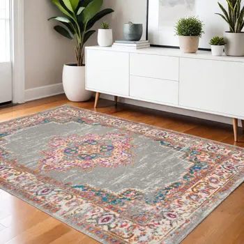 4' X 6' Gray And Gold Medallion Distressed Area Rug