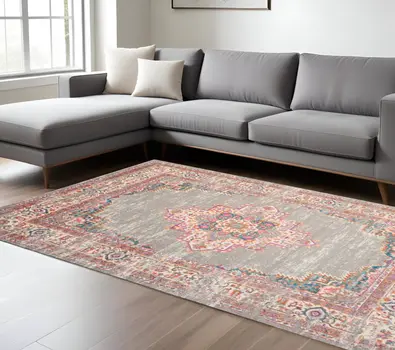 8' X 10' Gray And Gold Medallion Distressed Area Rug