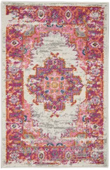 2' X 3' Ivory And Fuchsia Oriental Distressed Area Rug