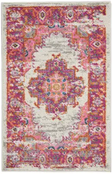 2' X 3' Ivory And Fuchsia Oriental Distressed Area Rug