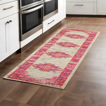 8' Ivory And Fuchsia Oriental Distressed Runner Rug