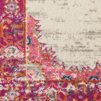 8' Ivory And Fuchsia Oriental Distressed Runner Rug