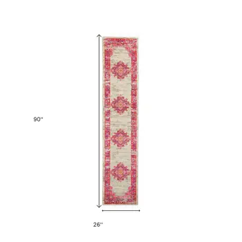 8' Ivory And Fuchsia Oriental Distressed Runner Rug