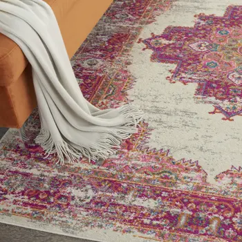 4' X 6' Ivory And Fuchsia Oriental Distressed Area Rug