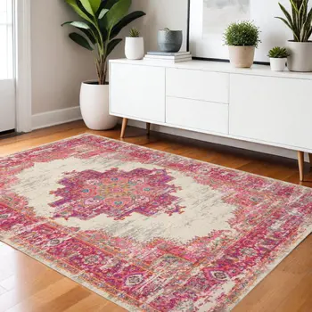 4' X 6' Ivory And Fuchsia Oriental Distressed Area Rug
