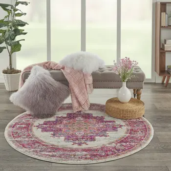 4' Ivory And Fuchsia Oriental Distressed Round Rug