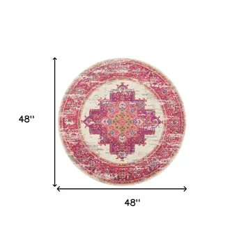 4' Ivory And Fuchsia Oriental Distressed Round Rug