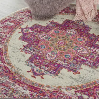 4' Ivory And Fuchsia Oriental Distressed Round Rug