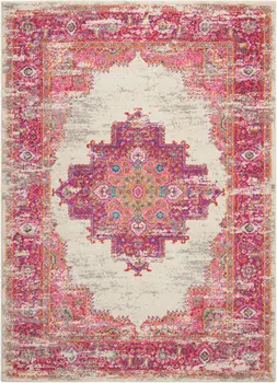 5' X 7' Ivory And Fuchsia Oriental Distressed Area Rug