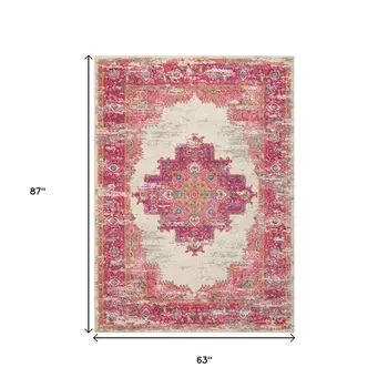 5' X 7' Ivory And Fuchsia Oriental Distressed Area Rug