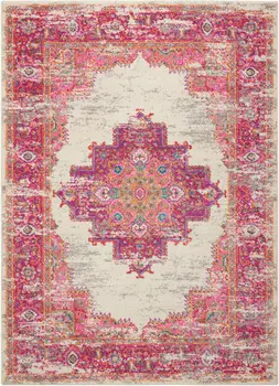 5' X 7' Ivory And Fuchsia Oriental Distressed Area Rug