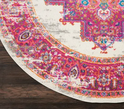 5' Ivory And Fuchsia Oriental Distressed Round Rug
