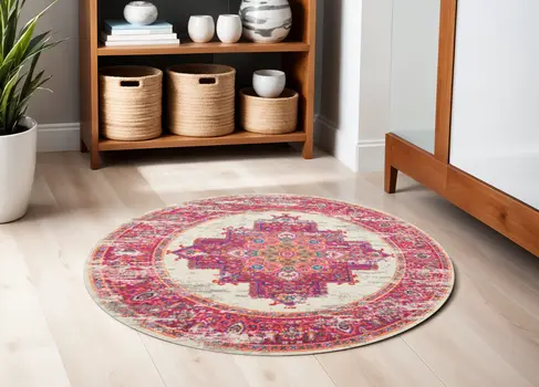 5' Ivory And Fuchsia Oriental Distressed Round Rug