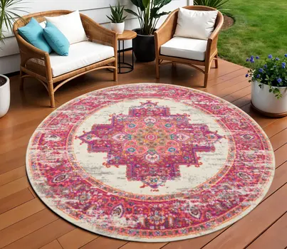 5' Ivory And Fuchsia Oriental Distressed Round Rug
