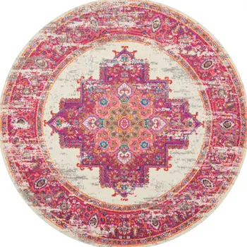 5' Ivory And Fuchsia Oriental Distressed Round Rug