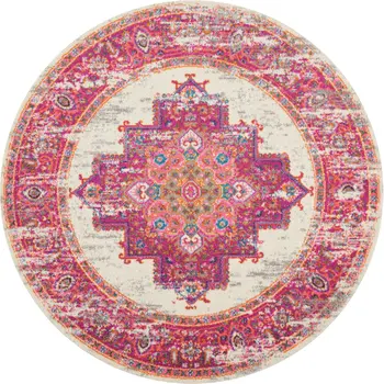 5' Ivory And Fuchsia Oriental Distressed Round Rug