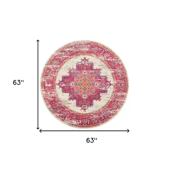 5' Ivory And Fuchsia Oriental Distressed Round Rug