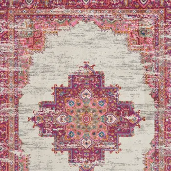 7' X 10' Ivory And Fuchsia Oriental Distressed Area Rug
