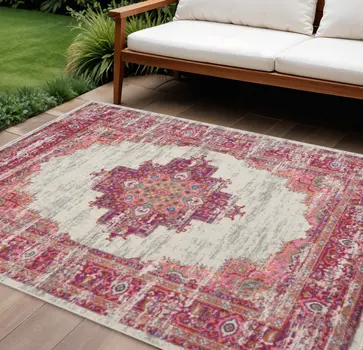 8' X 10' Ivory And Fuchsia Oriental Distressed Area Rug