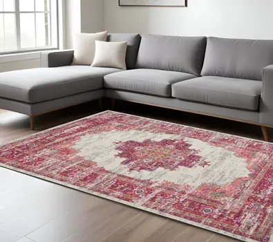 8' X 10' Ivory And Fuchsia Oriental Distressed Area Rug