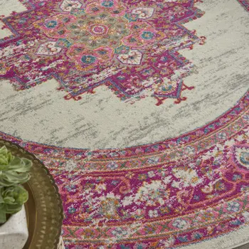 8' Ivory And Fuchsia Oriental Distressed Round Rug