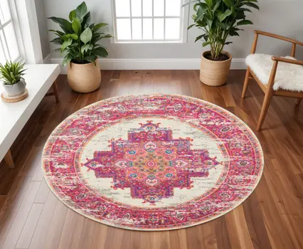 8' Ivory And Fuchsia Oriental Distressed Round Rug