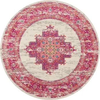 8' Ivory And Fuchsia Oriental Distressed Round Rug