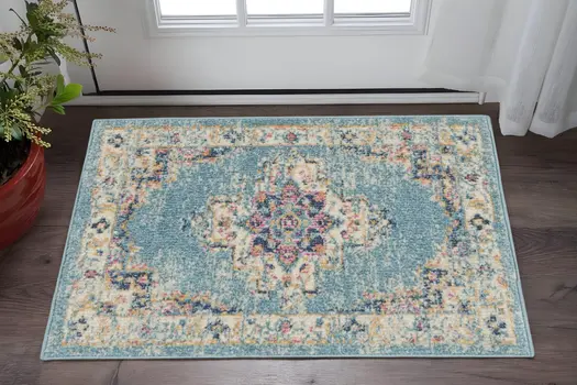 2' X 3' Blue And Ivory Southwestern Distressed Area Rug