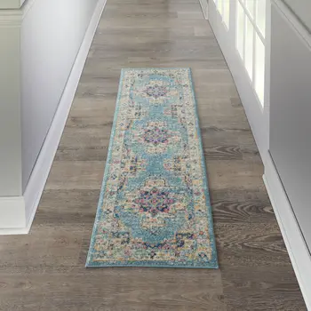 6' Blue And Ivory Southwestern Distressed Runner Rug