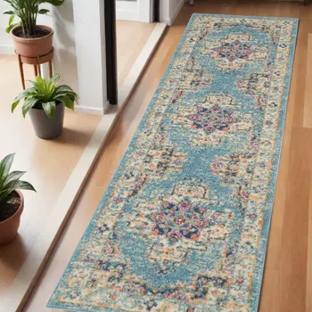 6' Blue And Ivory Southwestern Distressed Runner Rug