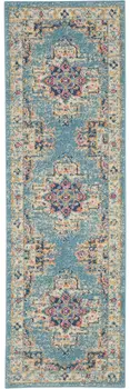 6' Blue And Ivory Southwestern Distressed Runner Rug