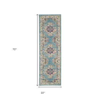 6' Blue And Ivory Southwestern Distressed Runner Rug