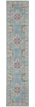 10' Blue And Ivory Southwestern Distressed Runner Rug
