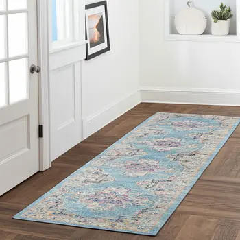 10' Blue And Ivory Southwestern Distressed Runner Rug