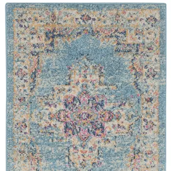 10' Blue And Ivory Southwestern Distressed Runner Rug