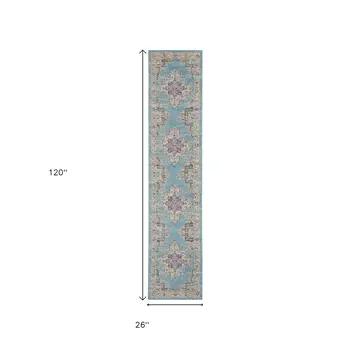 10' Blue And Ivory Southwestern Distressed Runner Rug